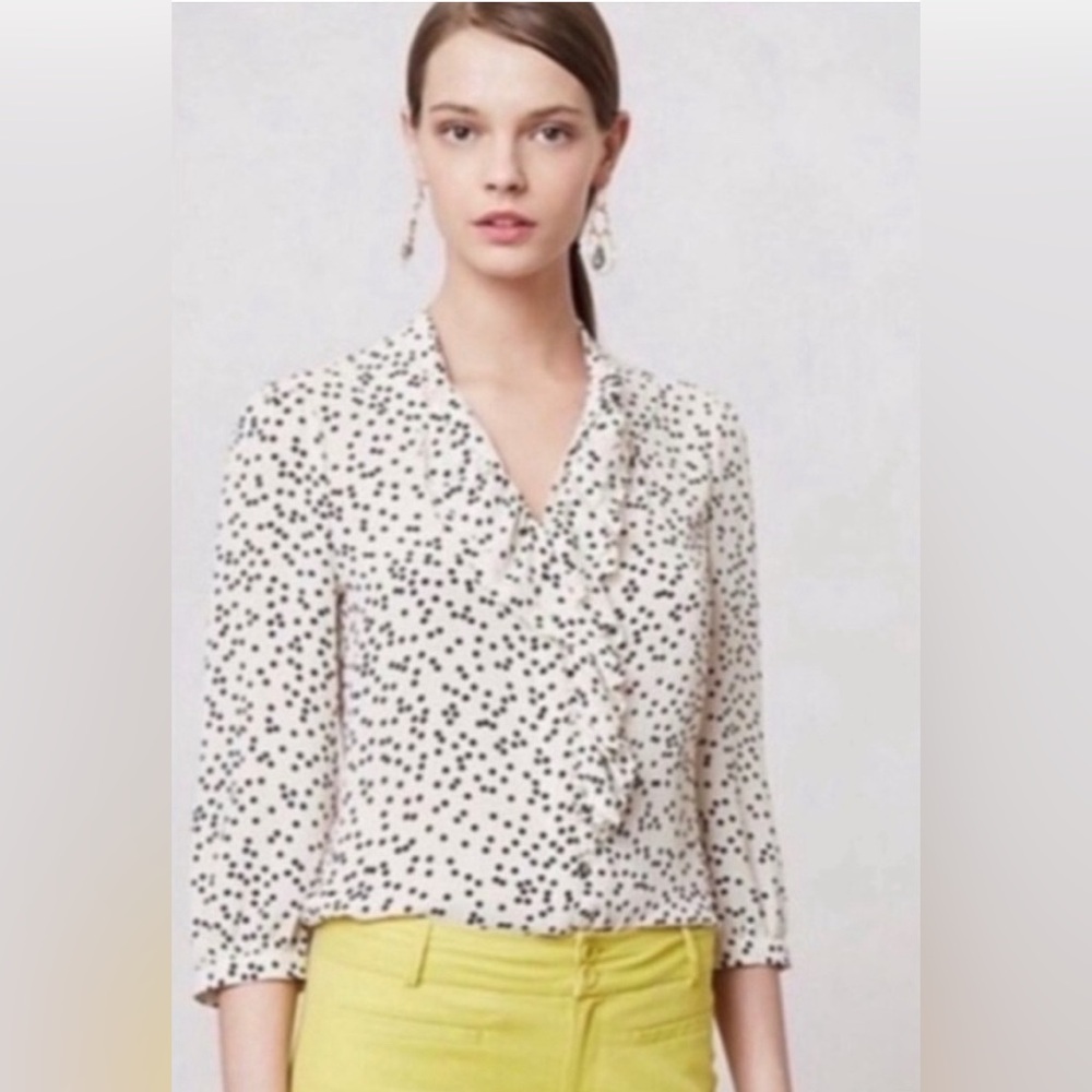 HD in Paris Anthropologie Picea Black Cream Polka Dot Ruffle Front Blouse Top 4